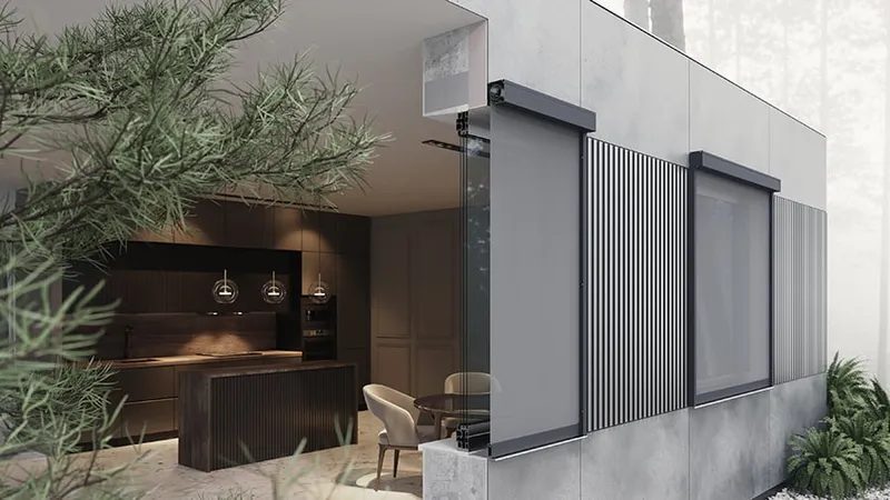 Caisson de moustiquaire en coupe, installation extérieure et accès entretien