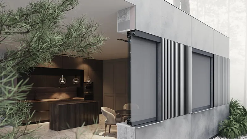 Coupe d'un caisson intérieur, moustiquaire alignée avec les guides