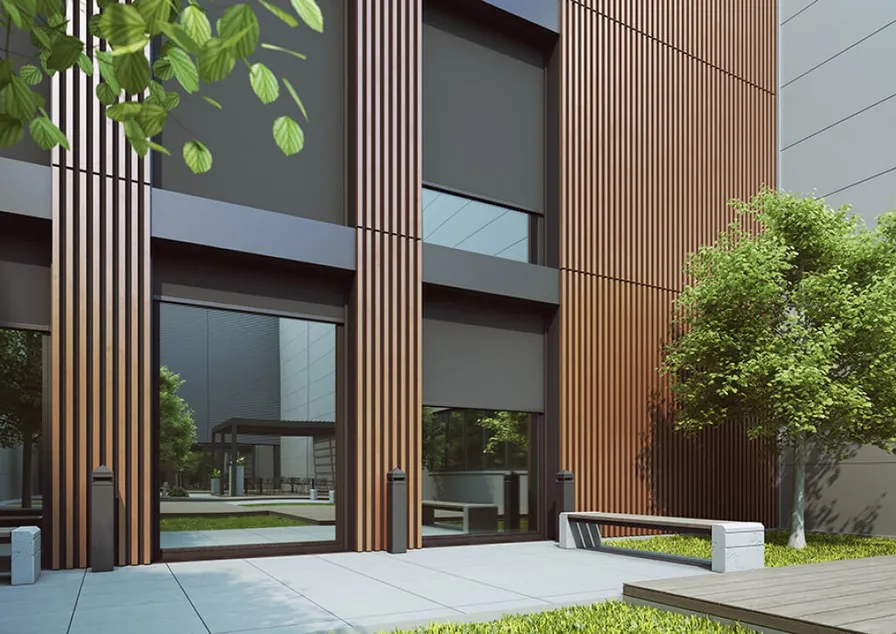 Toile solaire sur fenêtres de bureaux, réduction d'éblouissement et de chaleur